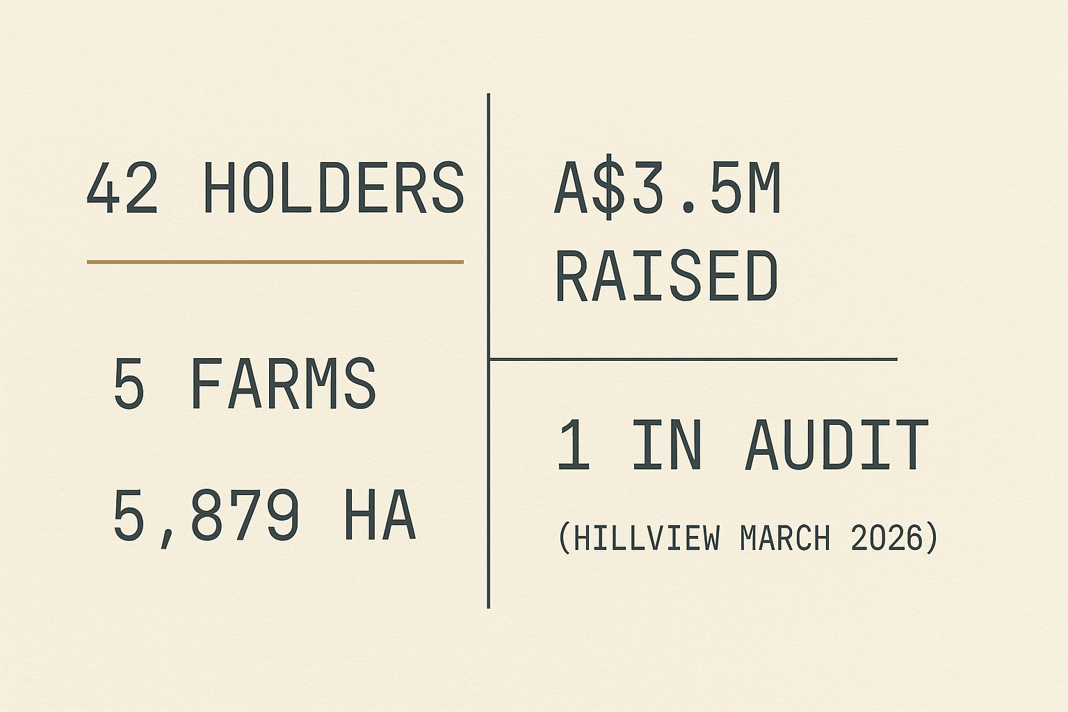 Three upward lines—hectares, data points, revenue/ha—2024 to 2026. Neutral Patagonia‑style palette, numeric anchors each year, minimal grid, clear axis labels for instant read.