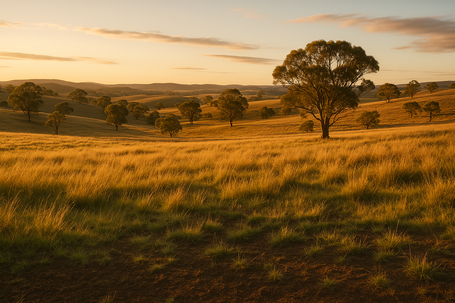 Hillview Park · Southern Tablelands NSW · golden grasslands at dusk · regenerating Australian farmland · no humans
