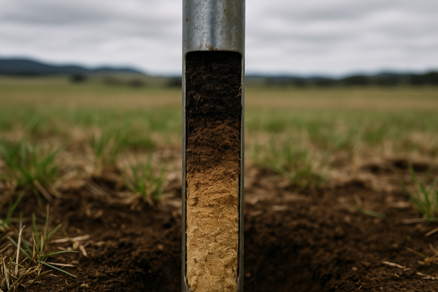 Soil core extraction · precision sampling probe · Hillview Park NSW · soil horizons visible · no humans