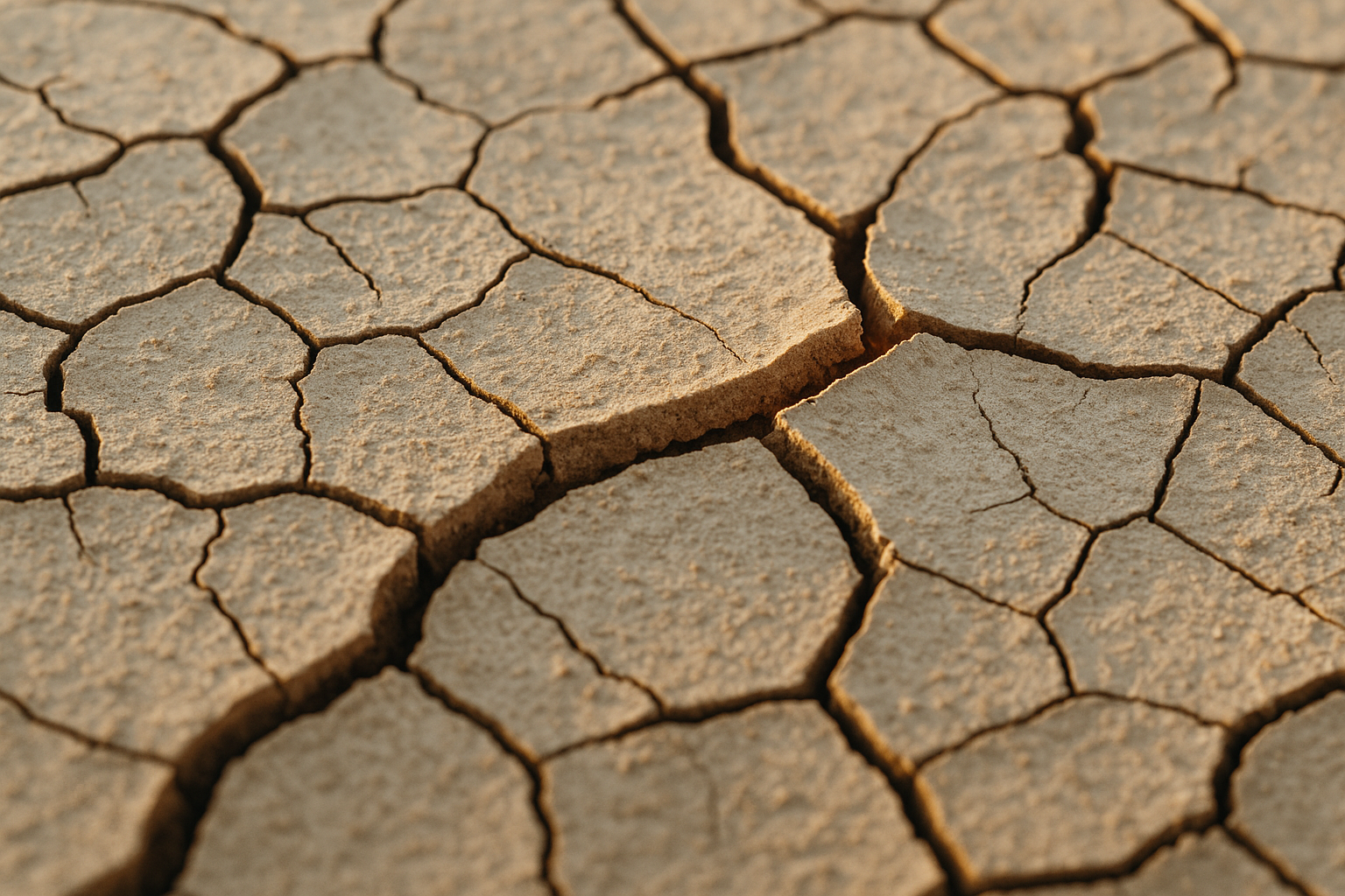 Macro cross-section of dry, cracked Australian topsoil at golden hour, paper-thin organic layer over pale subsoil, fissures lit gold from the side.