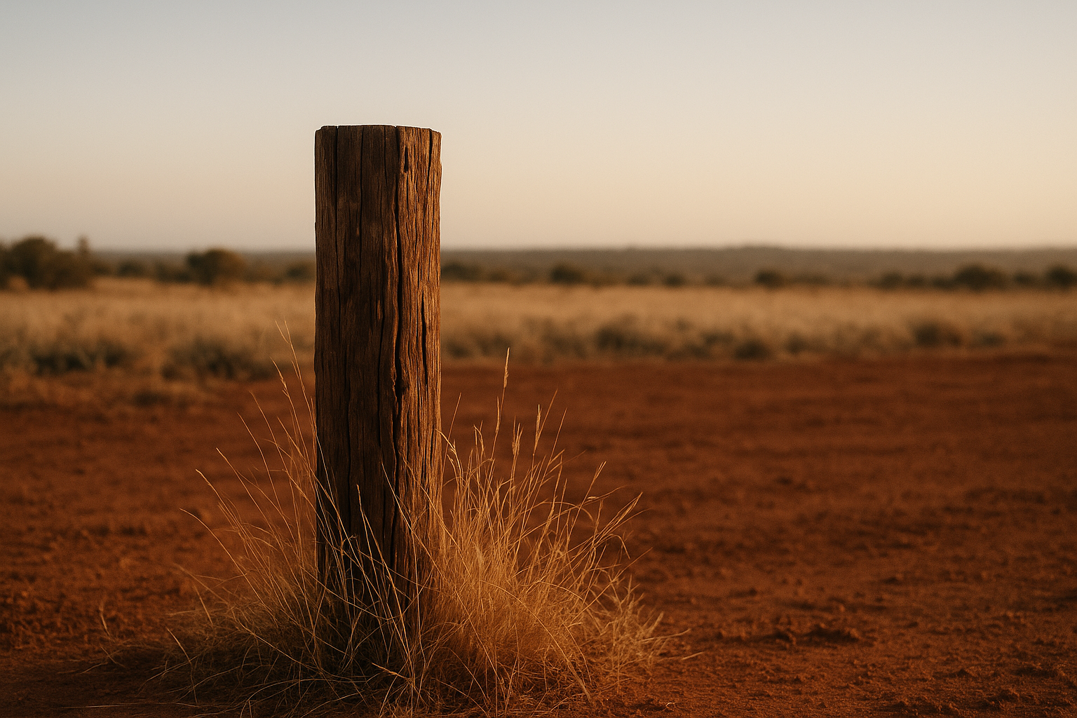 Weathered fence-post in red-dirt country at late afternoon, native grasses bleached straw-gold, distant scrub line, soft warm haze.