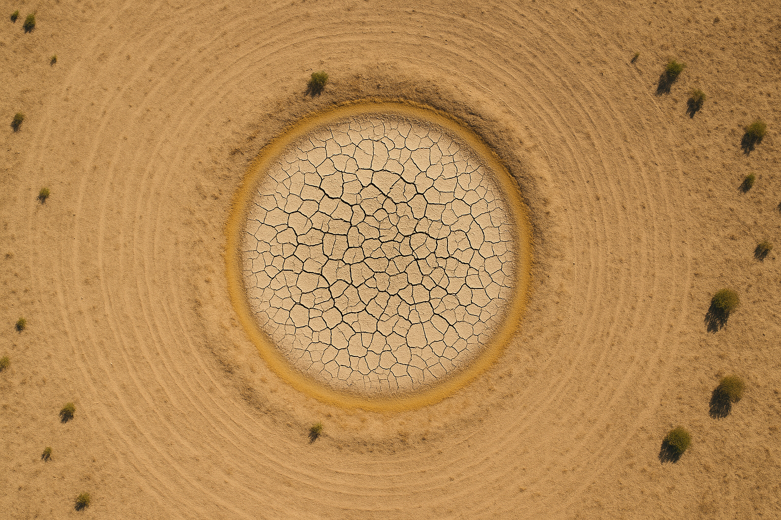 Aerial drone-down of a dried Australian dam — polygonal mud-cracks like a fractured ledger, faint stock-trail rings around the perimeter, hard late-morning light.