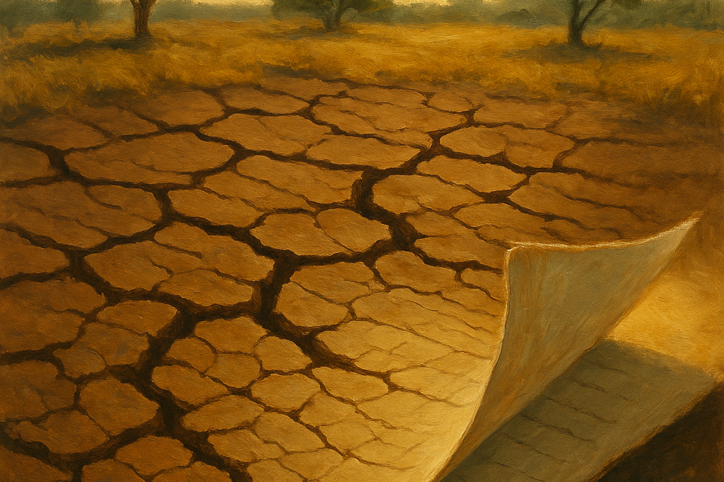 Painterly Granta-cover gouache of cracked Australian topsoil opening like a worn ledger book, soil layers becoming faint script lines on a paper-thin organic crust, gold-leaf catch in the deepest crack.