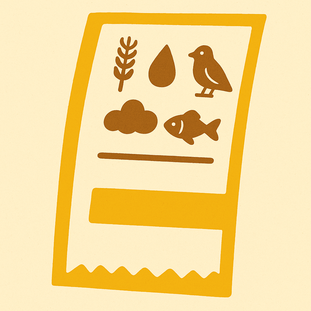 Flat hand-drawn poster of an Australian receipt on cream paper, items replaced by tiny pictographs (wheat sheaf, water drop, bird, cloud, fish) in soil-brown, single bold gold price-line at the foot.