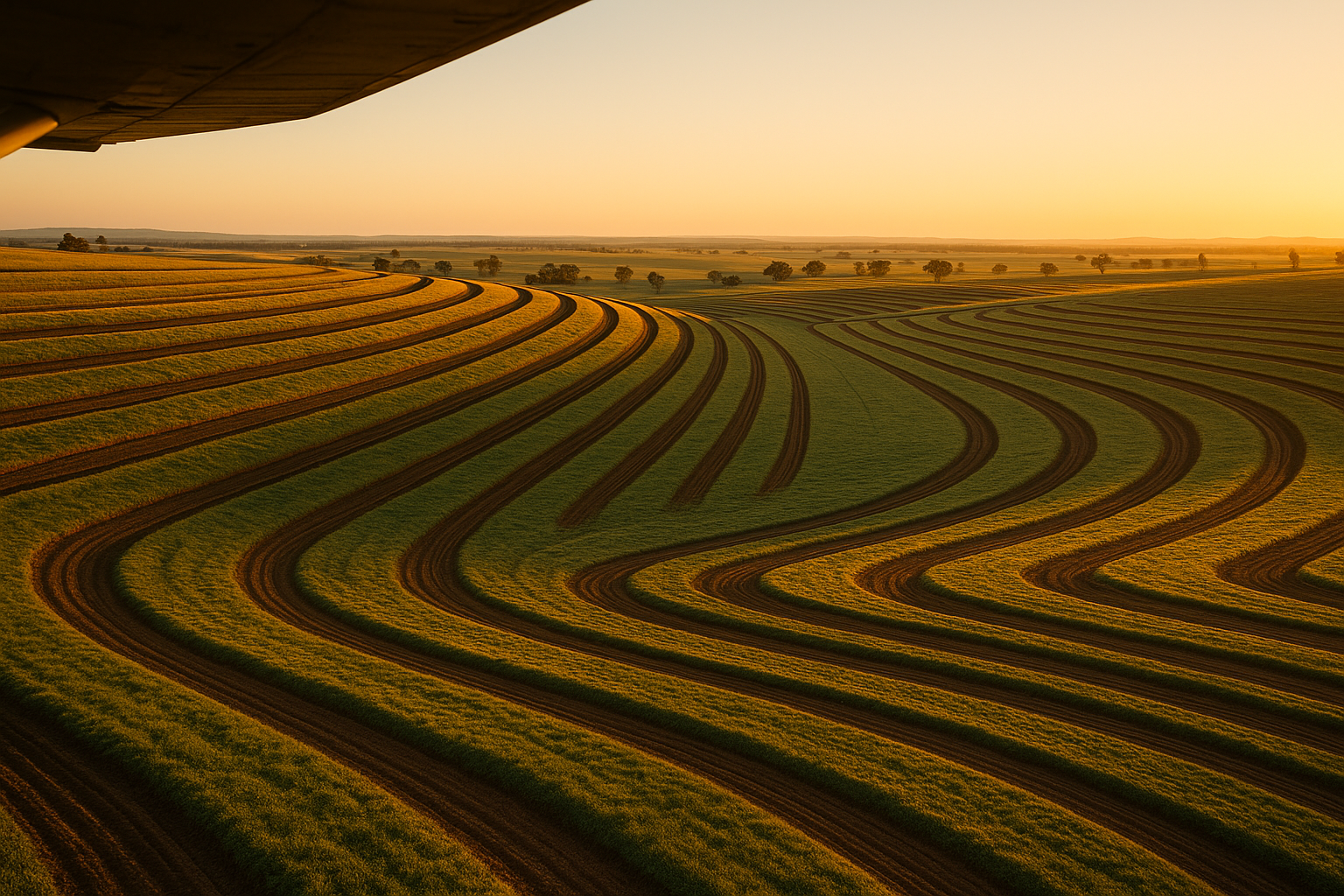 Long aerial of a contour-banked Australian paddock at first light, contour lines reading like horizontal infrastructure rails across the country.