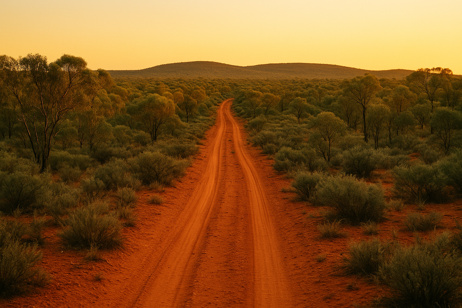 A red-dirt station track winding through eucalypt scrub, golden hour, two wheel-ruts disappearing toward a distant ridge.