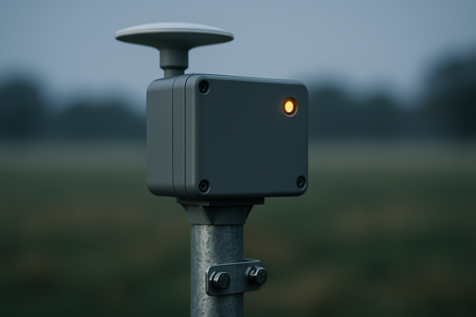 Studio-lit close-up of a precision agricultural sensor on a steel post against a soft-focused paddock background, single gold status LED.
