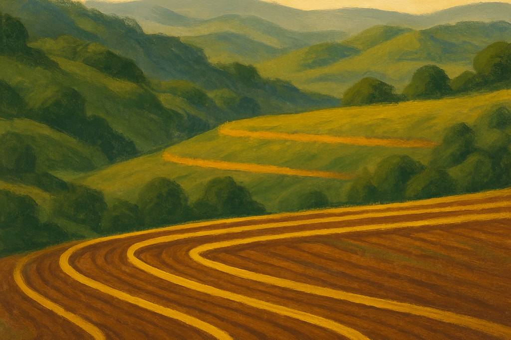 Mid-century landscape painting of a contour-banked Australian paddock at first light, contour lines glowing as horizontal infrastructure rails, layered green valleys, gold ridge crowns, banded warm earth.