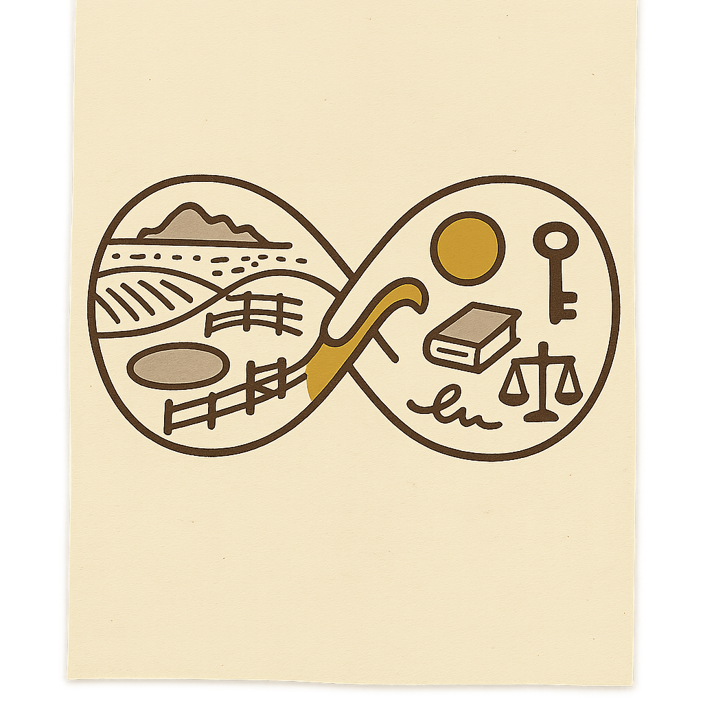 Civic poster of four horizontal flat rail bands stacked vertically on cream, pictograph at left margin per band (pencil, tick, coin, knot), single gold ribbon threading vertically through all four.