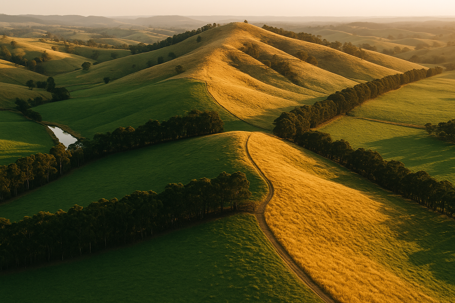 High-altitude drone shot of Hillview Park ridgeline at golden hour — undulating green pastures meeting pale-gold native grass crowns, eucalypt windbreaks.