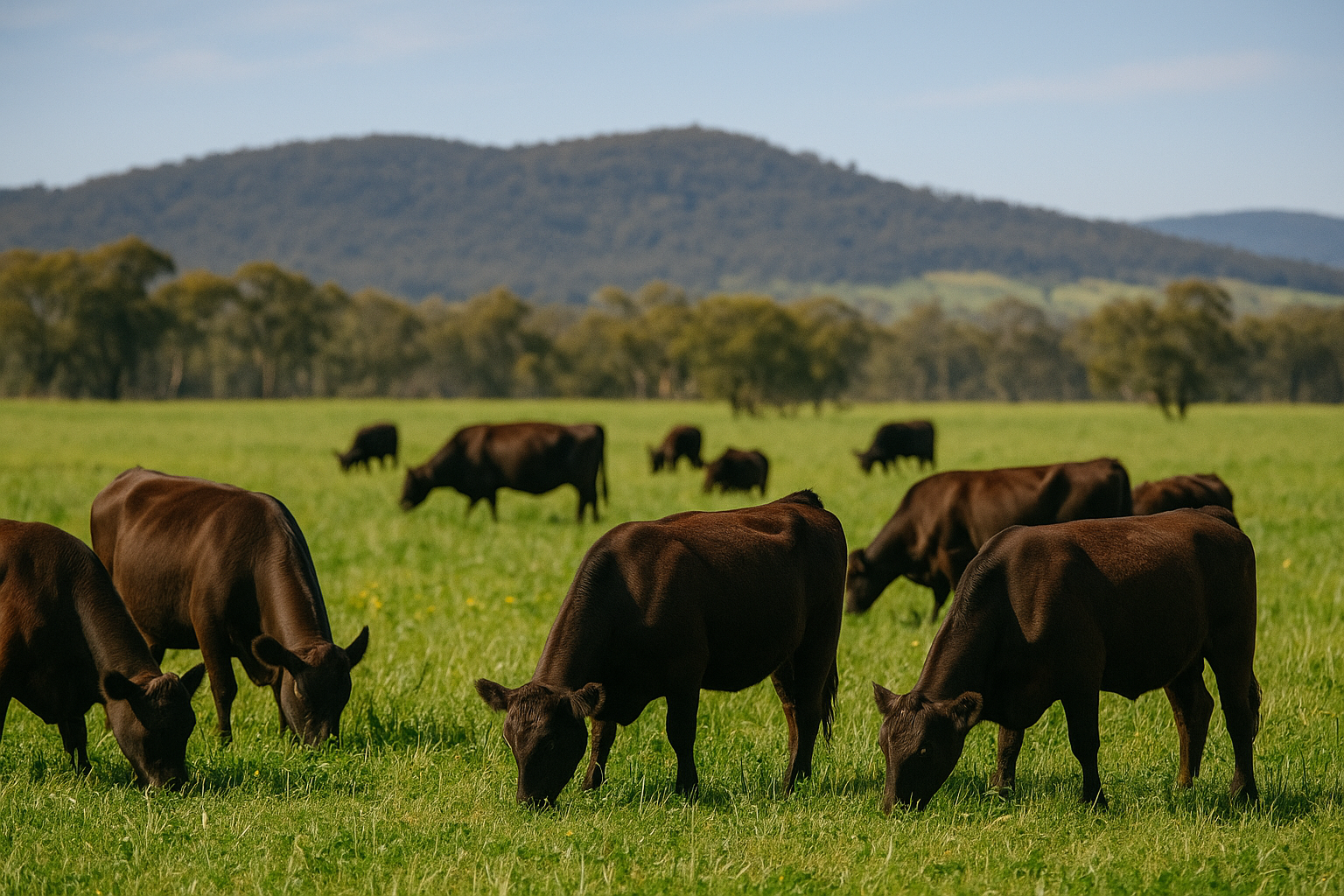 Mid-morning paddock at Glenclair, angus cattle grazing on diverse-species pasture, distant timbered ridge, big sky.