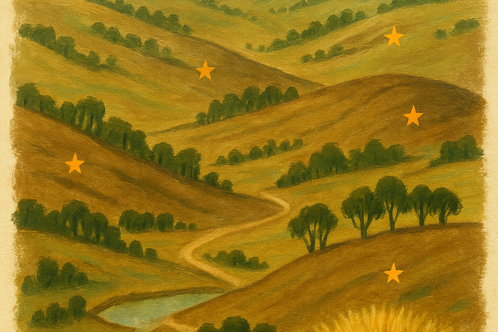 Antique-map painting of an Australian ridgeline on cream paper, soft green valleys, pale-gold native grass crowns, eucalypt windbreaks dabbed in fine brush, five hand-inked location stars at exact farm coordinates.