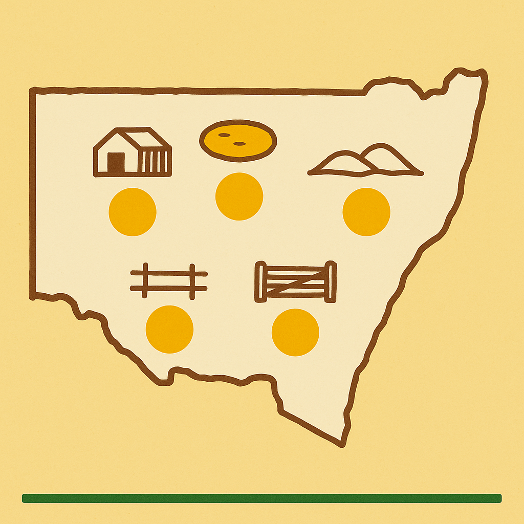 Civic infographic of NSW outline in soil-brown ink on cream, five solid-gold dots at exact coordinates, each ringed by a tiny pictographic icon (woolshed, dam, ridge, fence, gate), bold green hairline rule across the bottom.