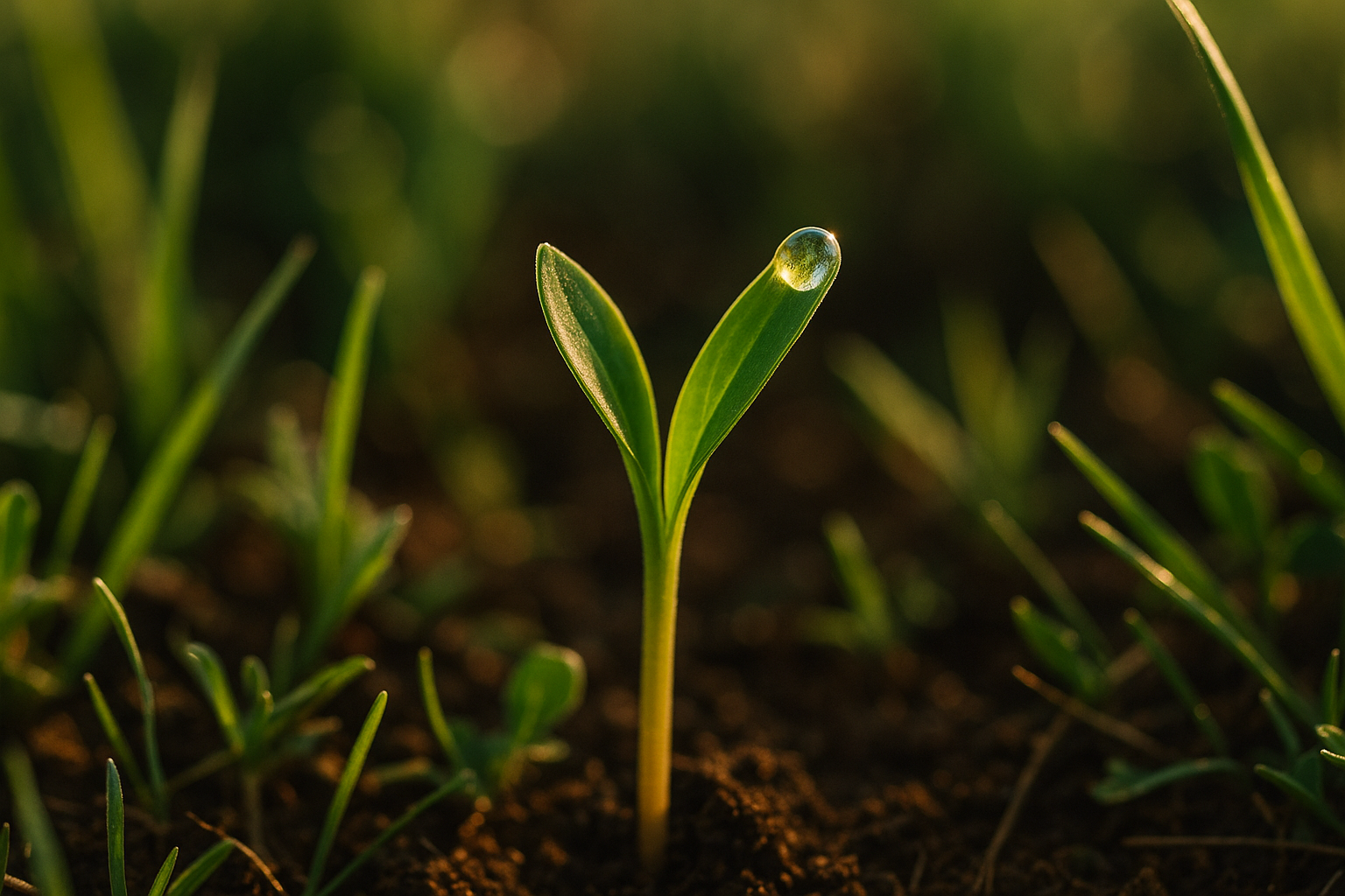 Macro close on a cover-crop seedling pushing through diverse-species pasture, dewdrop on the leaf catching first light, shallow depth of field.
