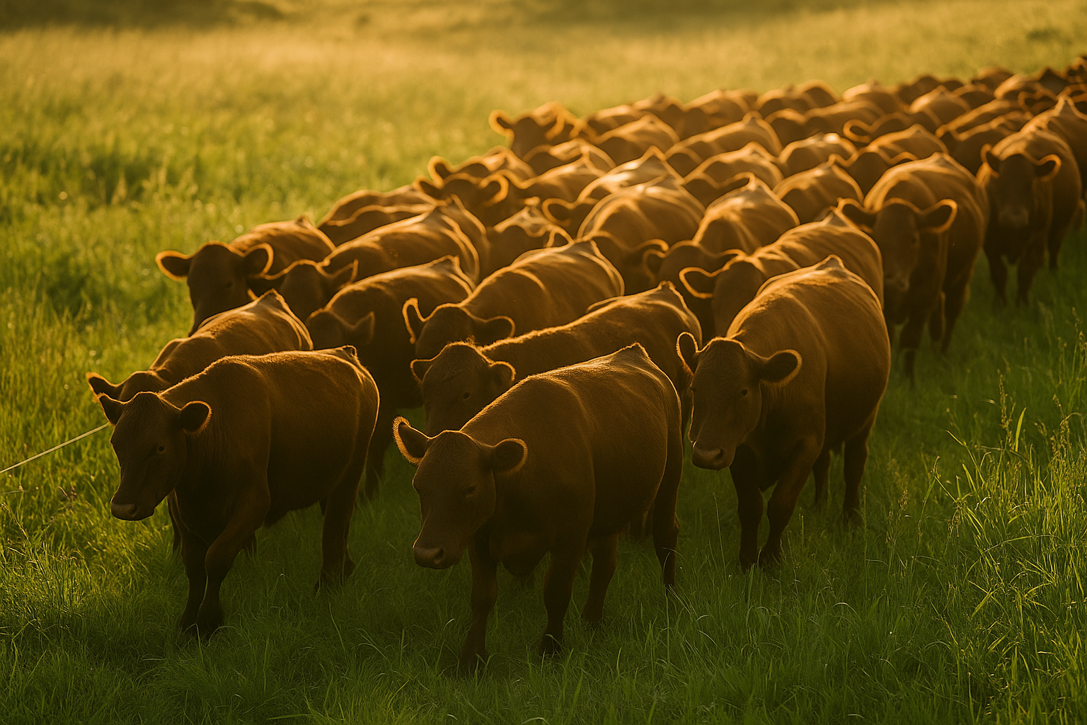 A mob of cattle being moved between cells in a planned-grazing rotation, low golden afternoon sun raking across diverse pasture.