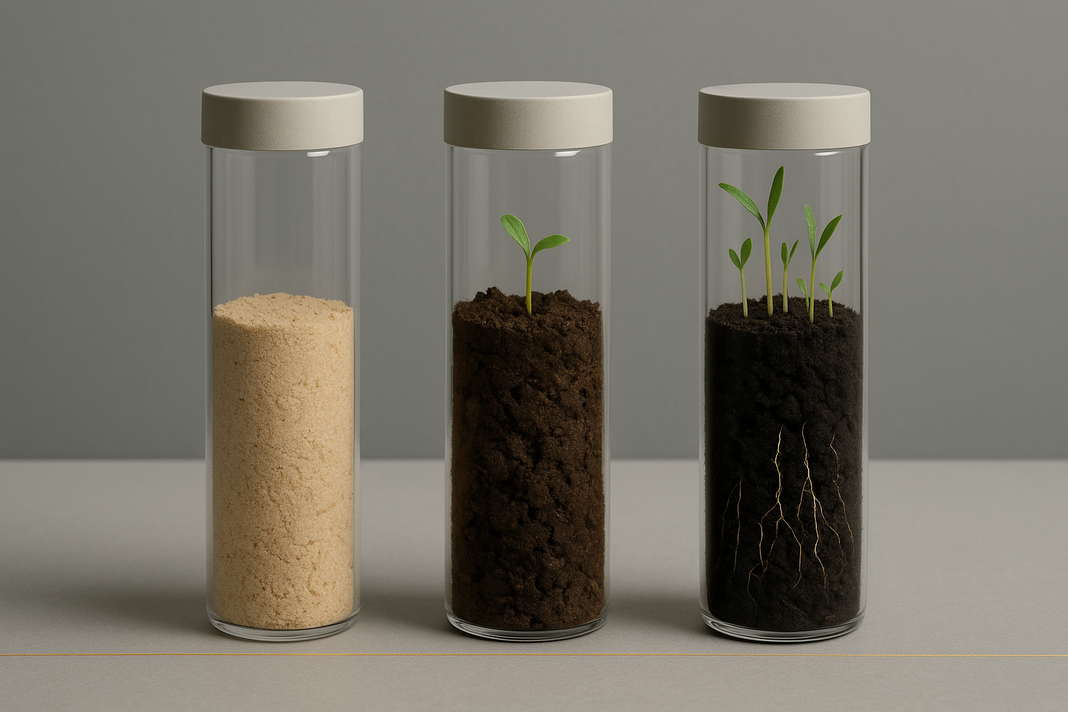 Lab-bench composition of three labelled soil cores (pre-CoP / 12-mo / 36-mo) lined up against a neutral grey backdrop, shallow depth of field.
