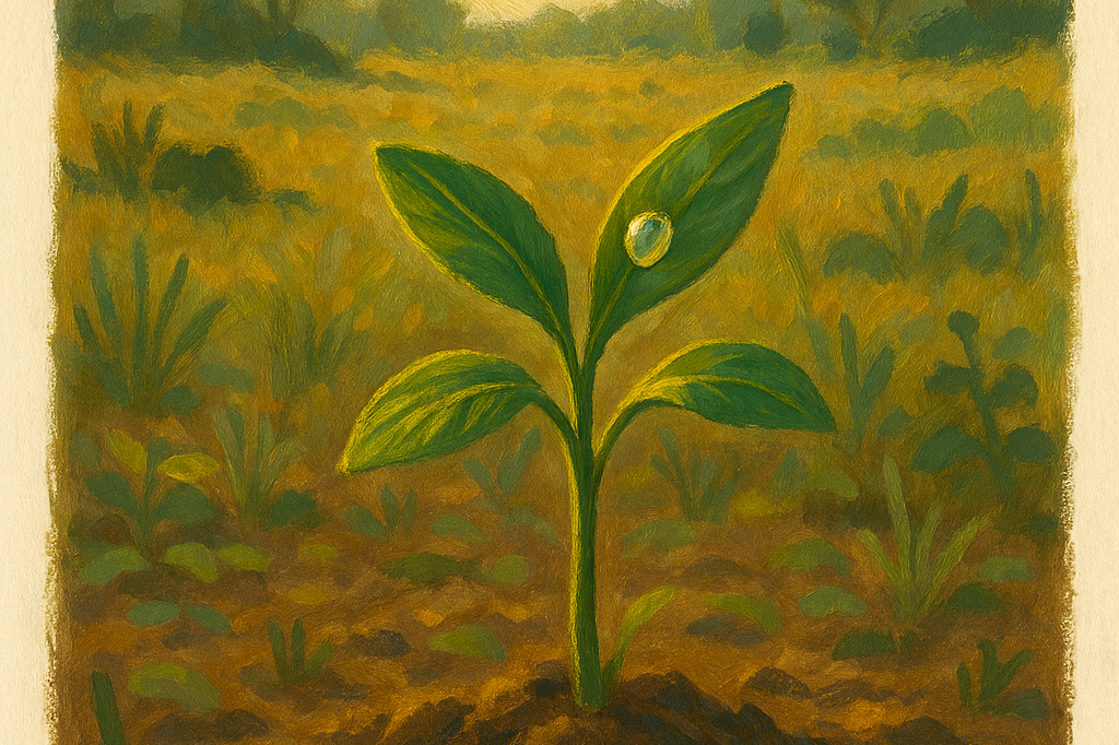 Botanical-plate gouache of a single cover-crop seedling pushing through diverse Australian pasture, visible brushwork on each leaf, single dewdrop catching gold morning light, soft brown soil base.