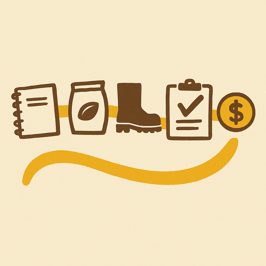 Civic poster of five flat hand-drawn pictographs in a row (notebook, seed bag, boot, clipboard, coin), each connected by a single confident gold brushstroke as one continuous line.
