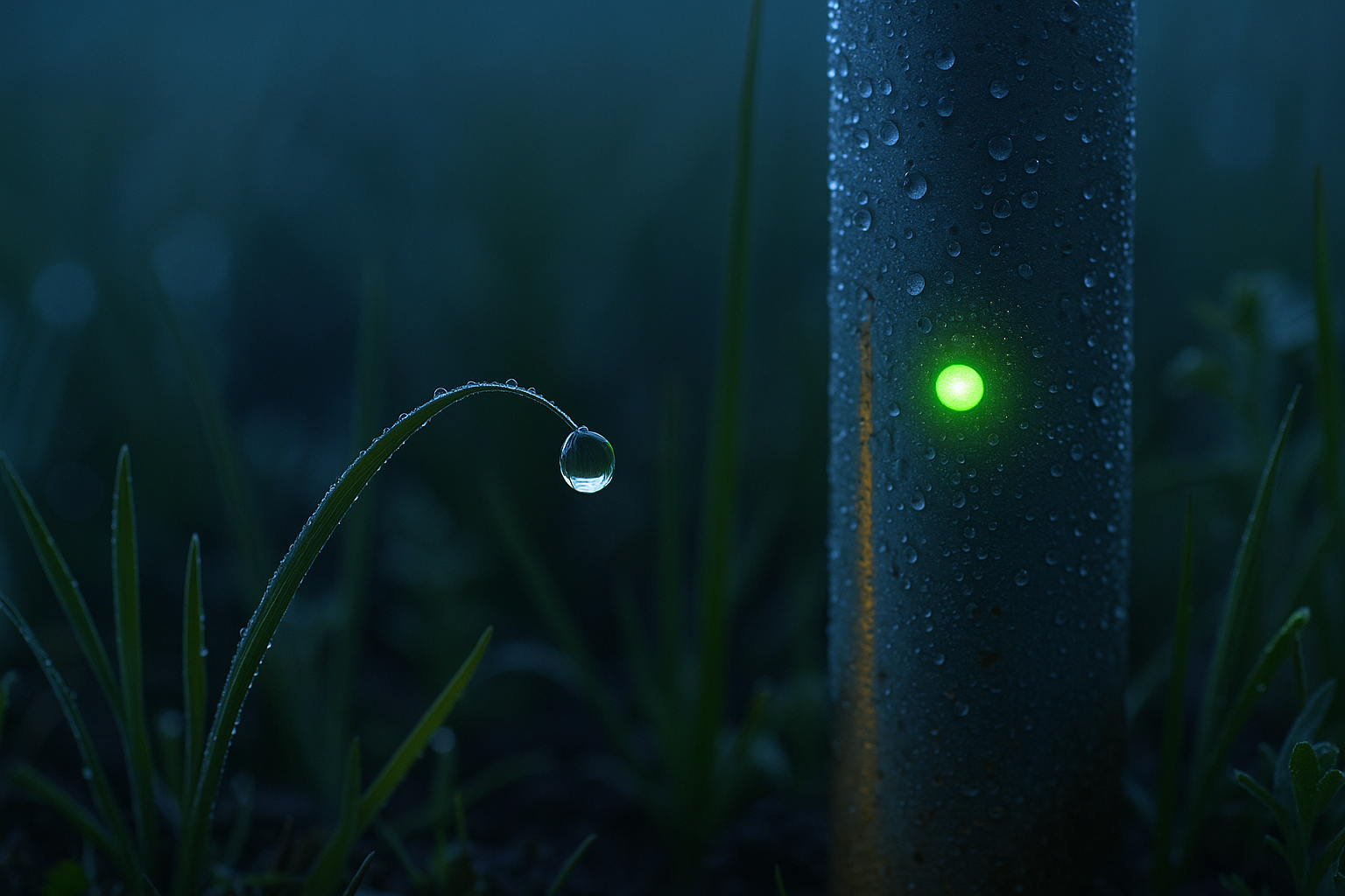 Pre-dawn macro of dew on a soil-monitoring probe in a diverse pasture, the sensor’s green LED reflected in a single droplet.