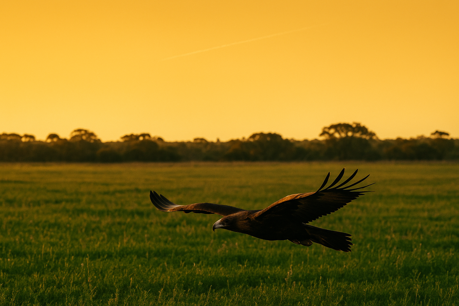 A wedge-tail eagle gliding low over a regenerated paddock at golden hour, satellite-pass contrail faintly visible in the upper third.