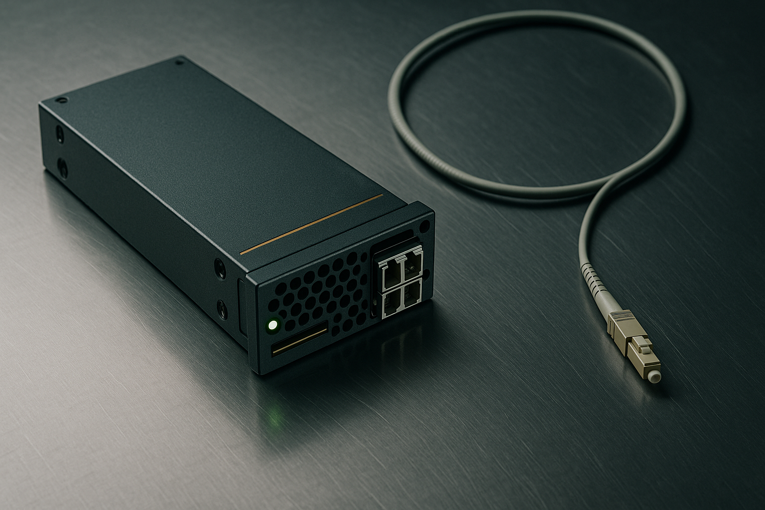 Studio shot of a Hedera-branded validator node component on brushed steel, single green status LED active.