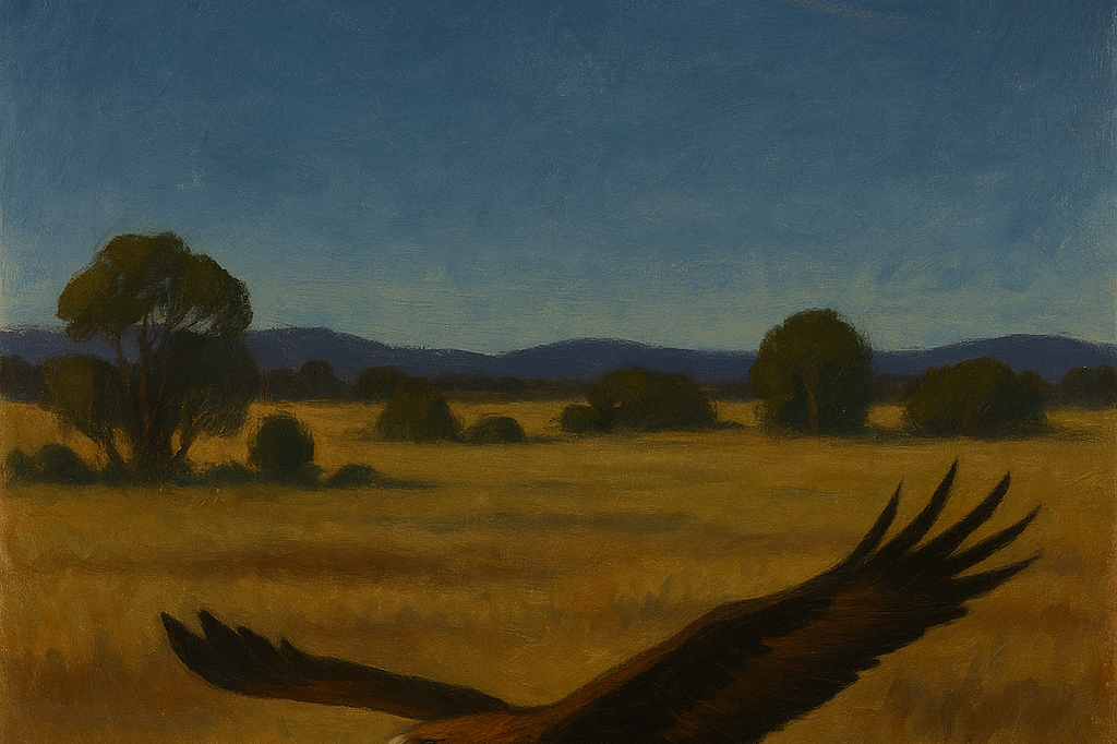 Hopper-Wyeth oil-paint gouache of a pre-dawn Australian paddock under a wide indigo sky, wedge-tail eagle gliding low across the foreground, faint satellite contrail painted in pale gold in the upper third.