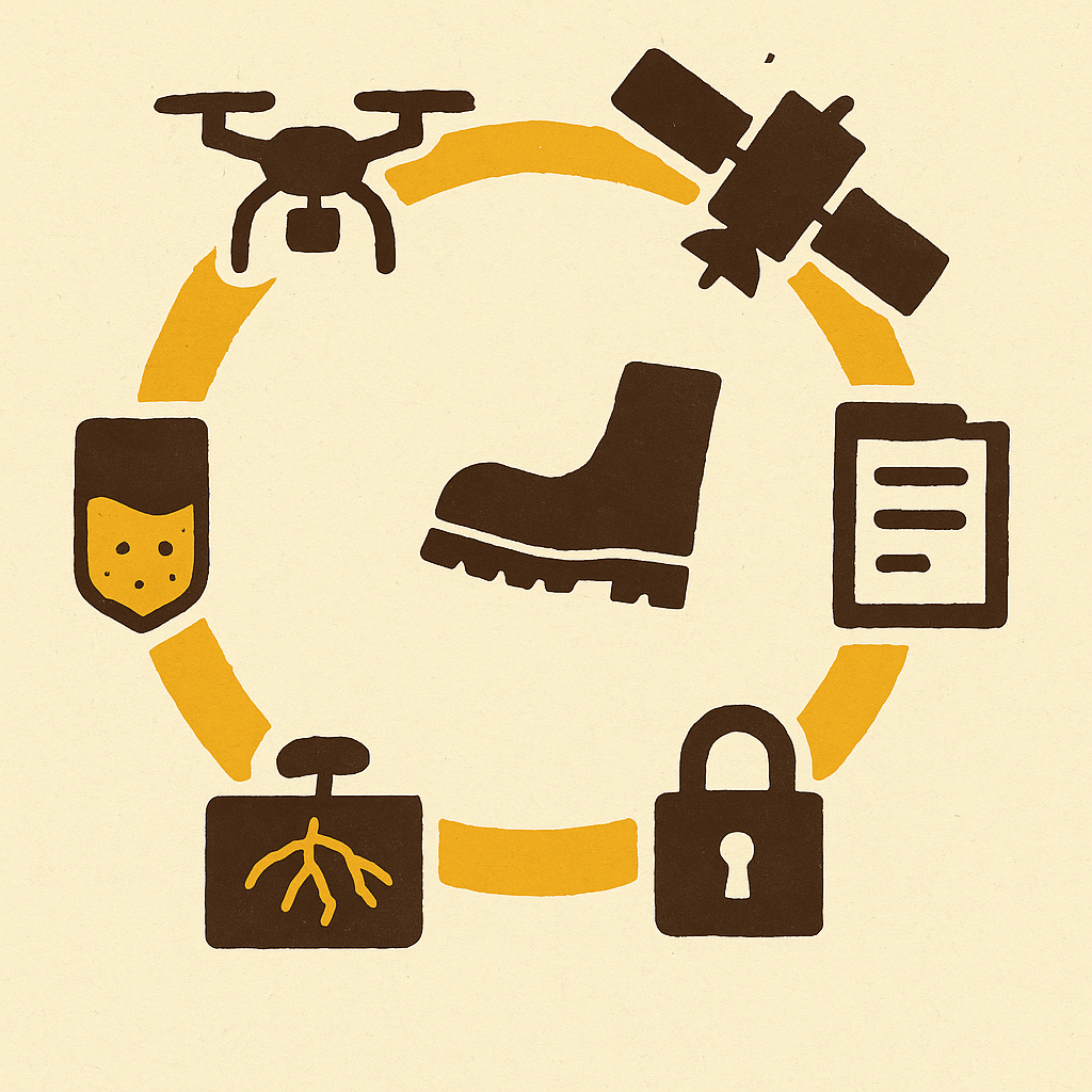 Civic poster of six flat pictographs arranged in a circle on cream (soil core, drone, satellite, boot, clipboard, padlock), each in solid soil-brown with a gold brushstroke binding them as a continuous loop.