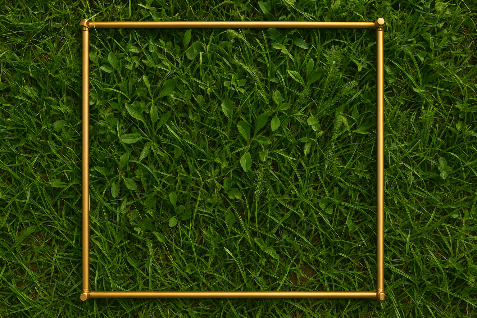Macro top-down of a 1 m² survey quadrat laid on regenerated grassland — diverse species, single dew bead, brass corner pegs.