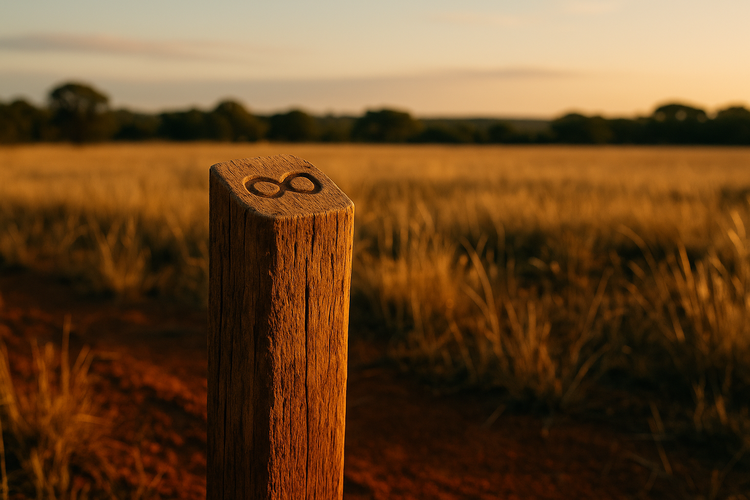 Knee-down view at sunrise of a small wooden survey peg hand-stencilled with “1 m²” pressed into pasture, dew on grass tips.