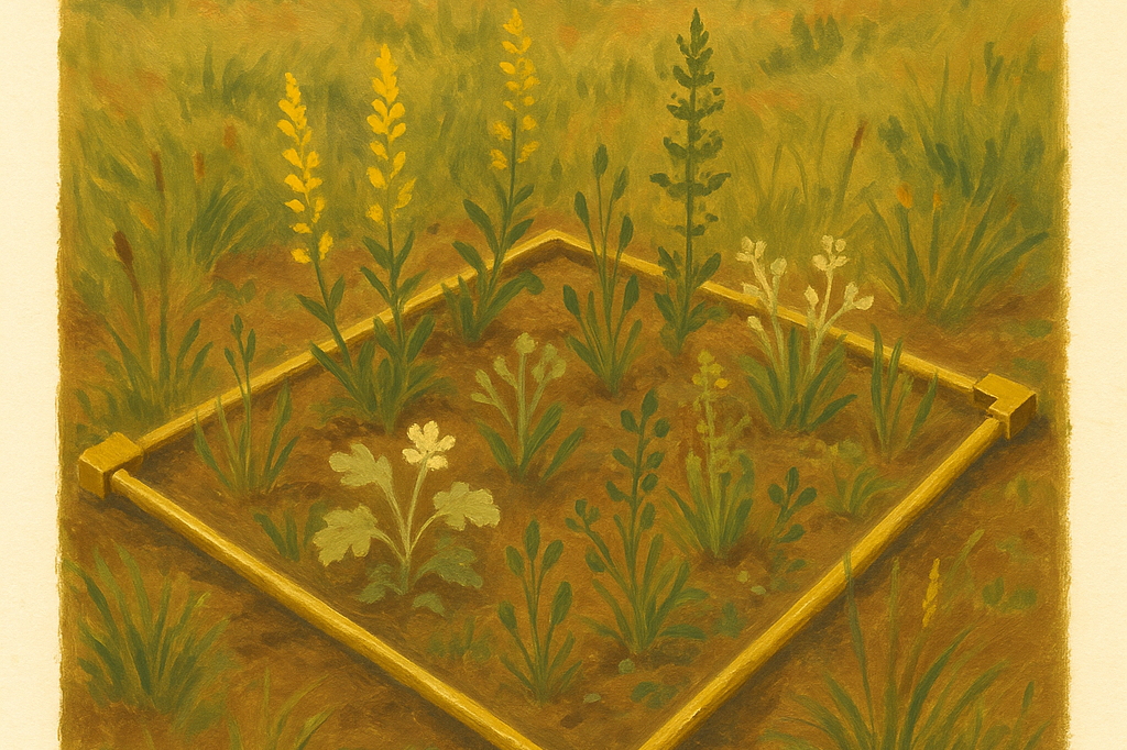 Botanical-plate painting of a 1 m² quadrat laid on regenerated Australian grassland, diverse species inside the quadrat in distinct gouache strokes, brass survey corners hand-painted, single dewdrop catching gold morning light.