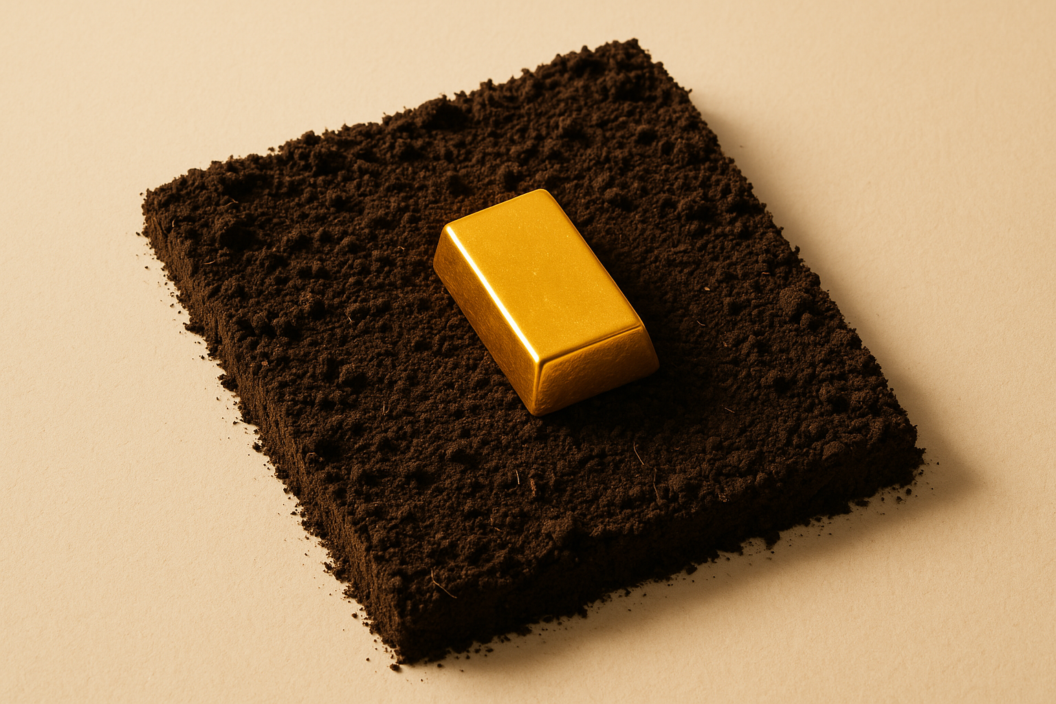 Studio-lit overhead shot of a gold ingot resting on a thin slab of Australian soil, shadow softly raking, deep cream backdrop.