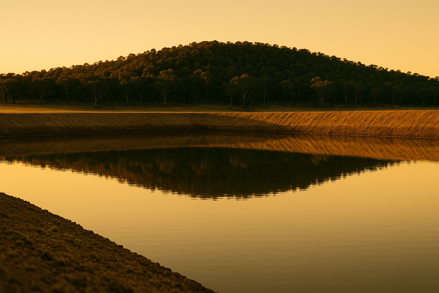 A dam at golden hour reflecting sky and ridgeline, the water-level mark rising on the wall — a calm, accumulating reserve.