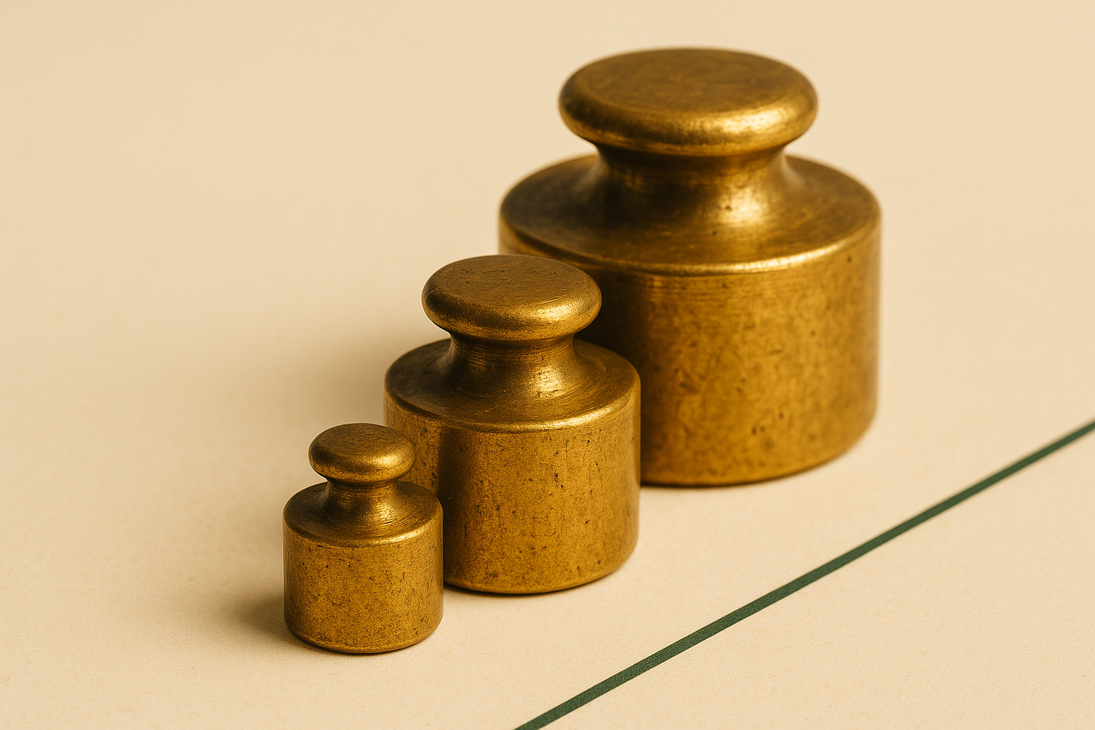 Editorial still life of three concentric brass weights on a minimal cream surface, sized in increasing increments suggesting compounding.