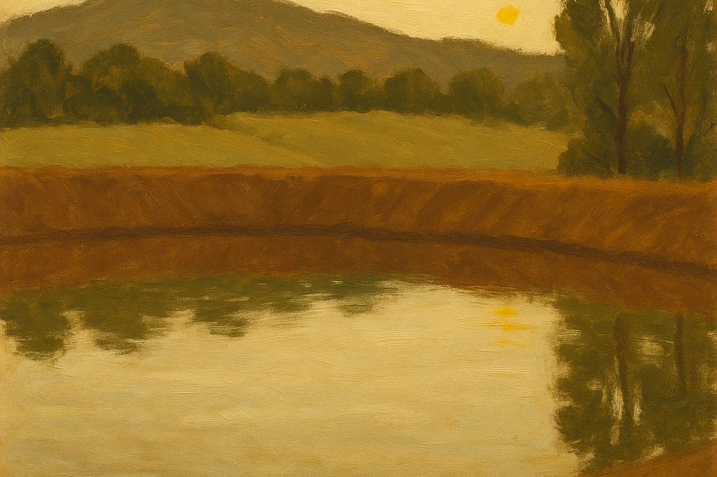 Restrained oil-paint gouache of a still-water Australian farm dam at golden hour reflecting a low ridgeline, brushwork on the water surface, faint horizontal water-line mark on the warm-brown earth wall, single small gold sun-catch on far rim.