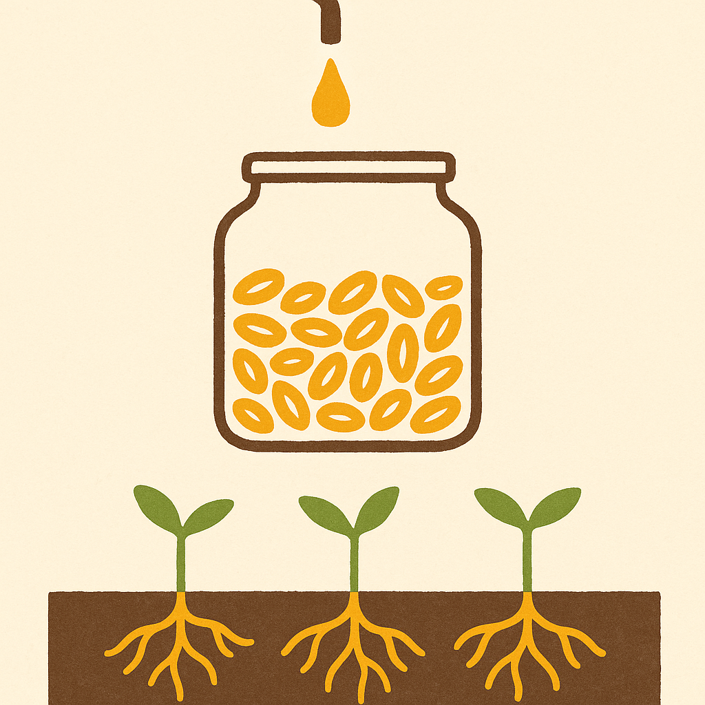 Civic poster of a flat hand-drawn glass jar on cream half-full of small flat gold seed pictographs, tap above labelled with “15%”, three flat paddock pictographs sprouting green growth below.