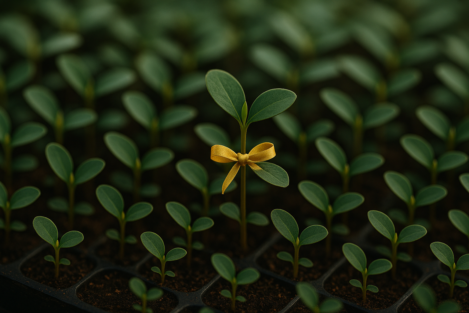 Tight macro of a single eucalyptus seedling in a tray among dozens of identical seedlings, one tagged with a tiny gold ribbon.