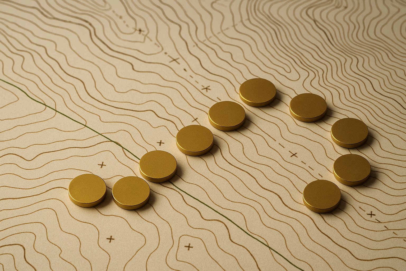 Overhead grid of one hundred identical brass surveyor tags arranged on a cream surface, each etched with “1 m²”, one flipped to show a unique serial.