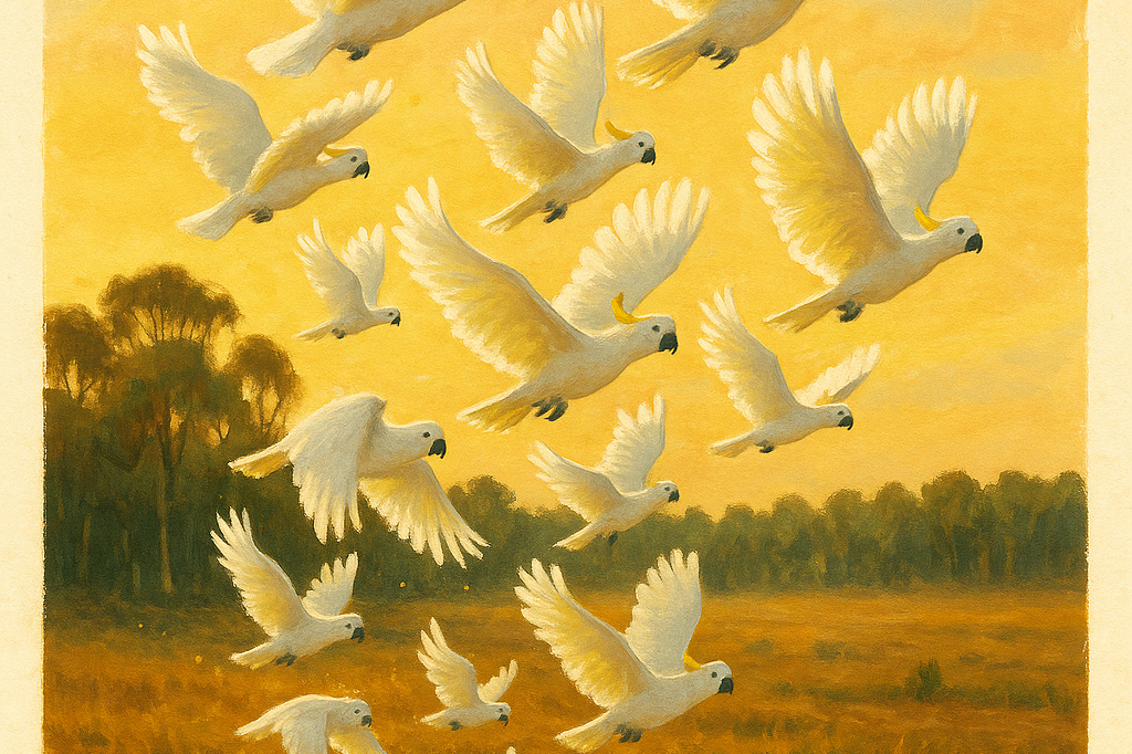 Cinematic painterly gouache of a flock of sulphur-crested cockatoos lifting off a regenerated Australian paddock at sunset, dust motes catching warm gold light, distant timber scrub line painted softly.