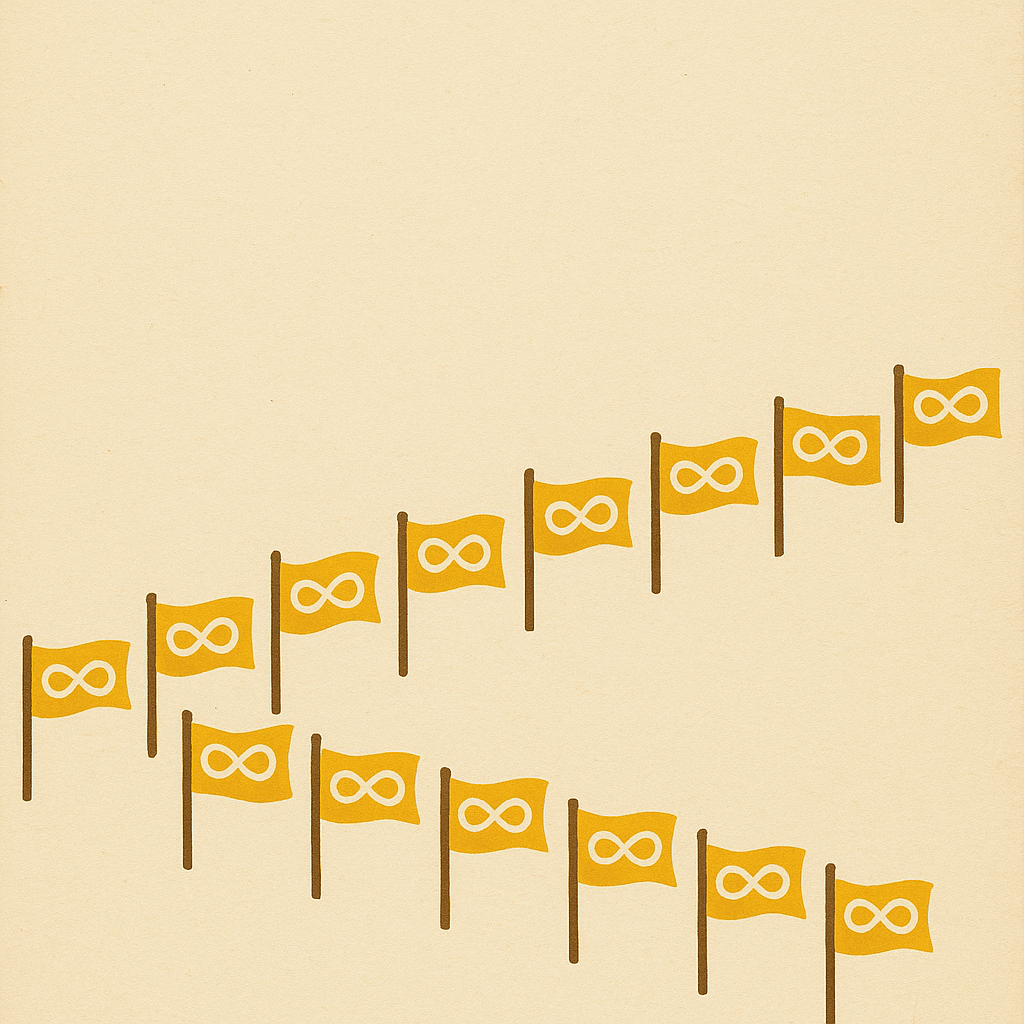 Civic poster of twenty flat hand-drawn flag pictographs in a loose half-arc on cream, each pennant a tiny figure-8 in solid gold, flag-poles in soil-brown.