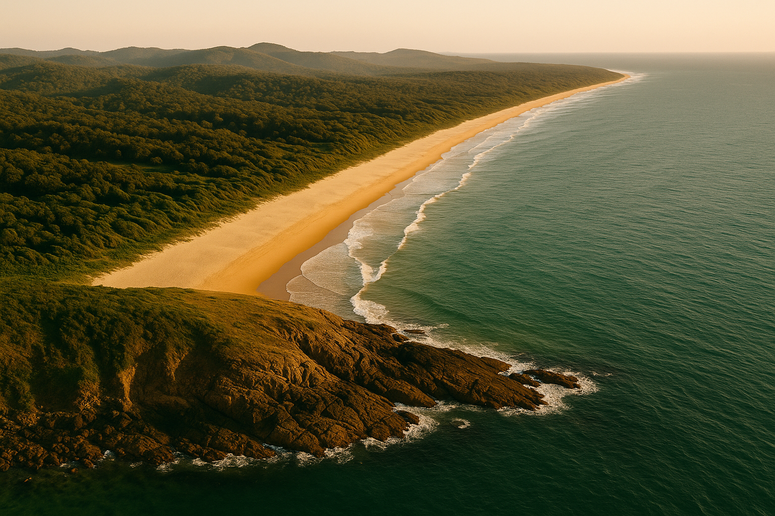 Wide aerial of an Australian coastline at first light — green hinterland, gold beach, brown headland — composed as three horizontal bands echoing the brand spine.