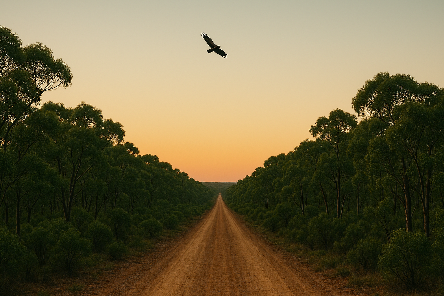 Long horizon shot at dawn — a single dirt road through eucalypt country toward a brightening sky, a wedge-tail eagle riding a thermal.