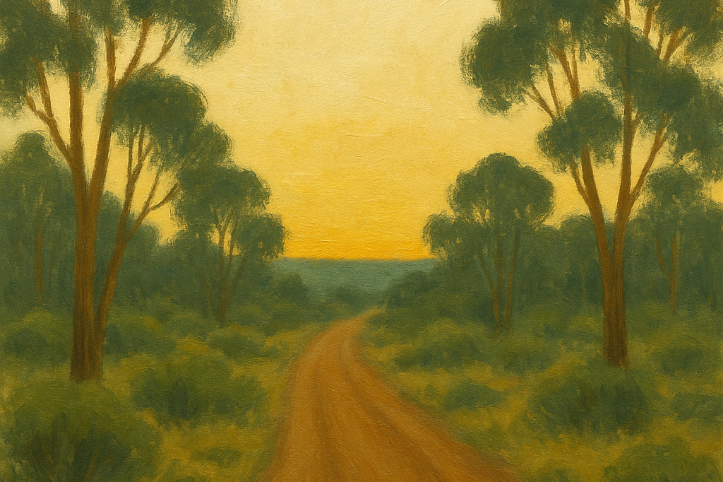 Granta-cover oil-paint gouache of a long horizon at dawn — single dirt road through Australian eucalypt country toward a brightening sky, warm gold horizon, soft green scrub, wedge-tail eagle as a single brushstroke riding a thermal.