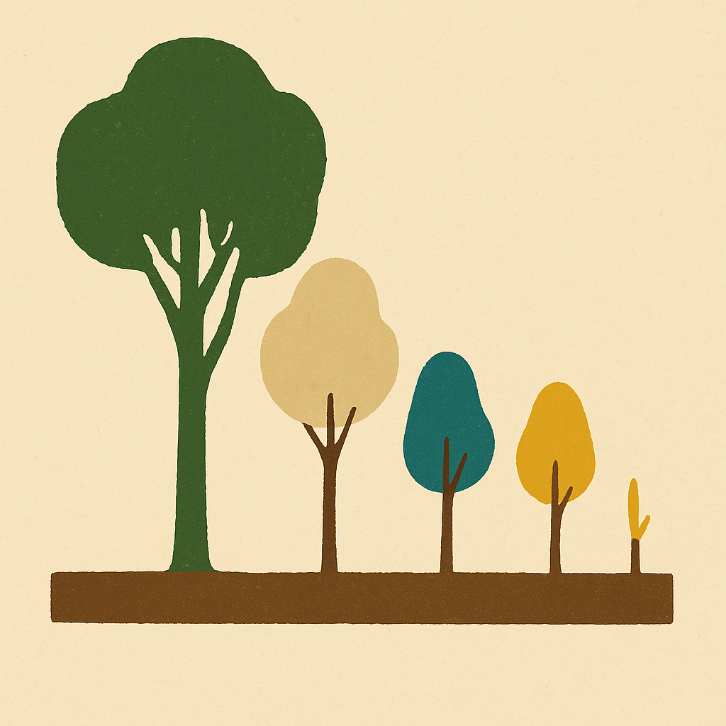 Civic poster of a single flat horizontal infrastructure bar on cream in soil-brown ink, five vertical pillar pictographs rising from it (paddock, body, water drop, carbon molecule, sun), leftmost pillar filled solid gold.