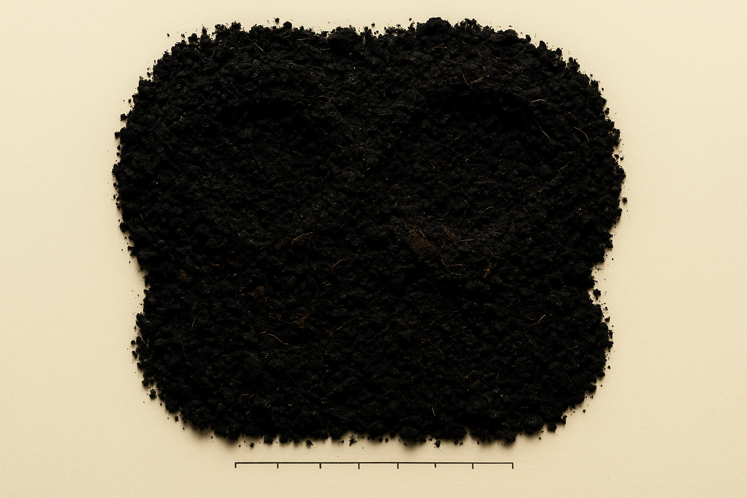 Specimen plate · macro of dark organic Australian soil on cream paper · forensic scale-bar