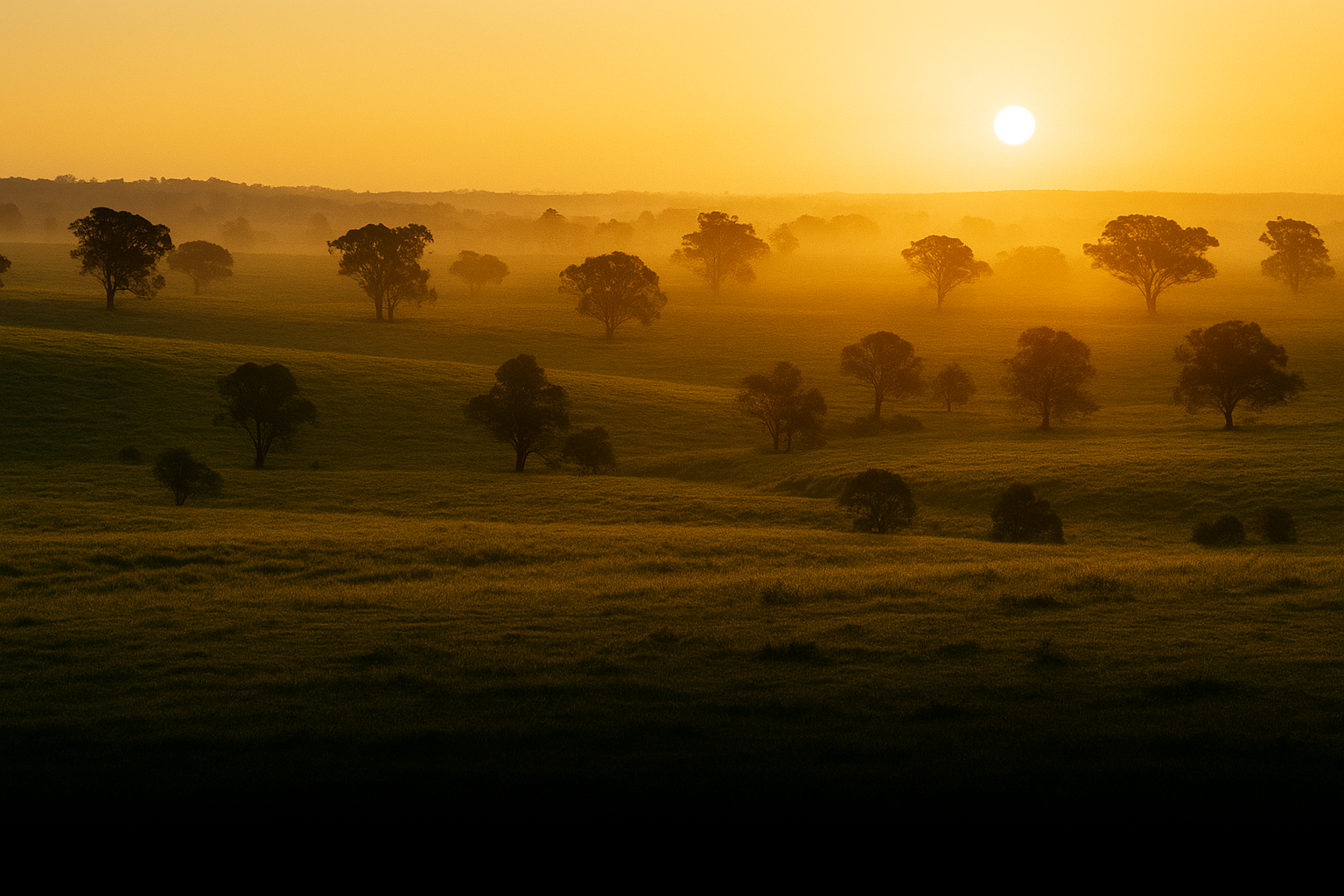 Australian regenerative farmland at golden-hour · wide horizon · no humans · ink-deep foreground shadow for headline overlay