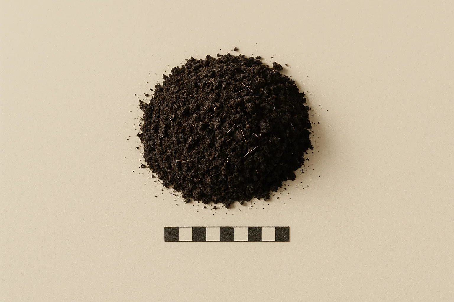 A specimen of dark, well-aggregated regenerative agricultural topsoil with visible mycorrhizal threads, photographed top-down on warm cream paper with a small printed scale bar.